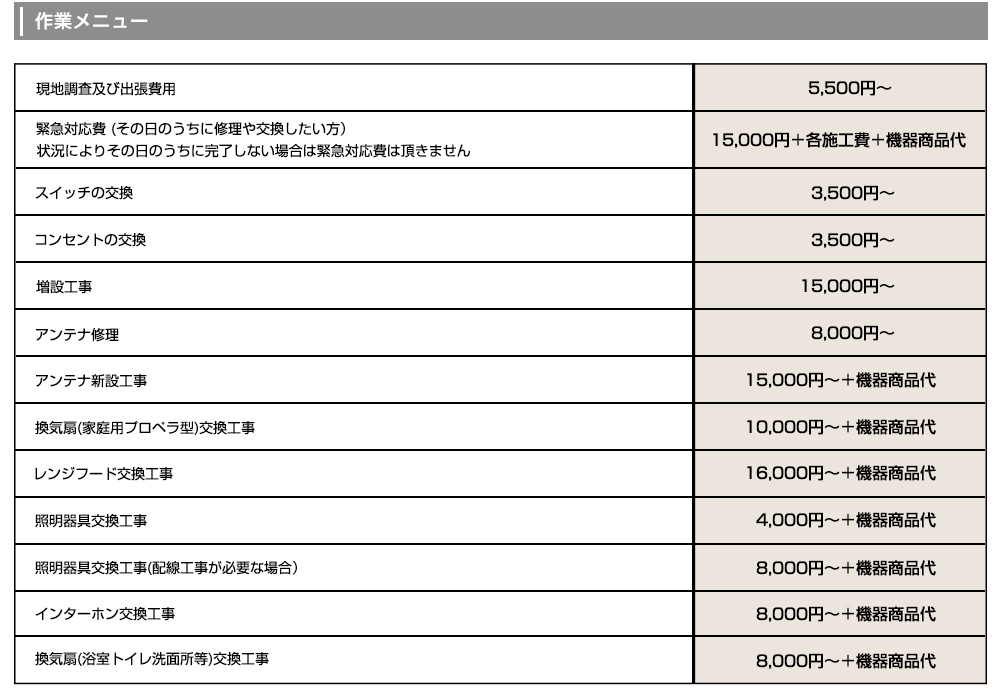 電気工事価格表