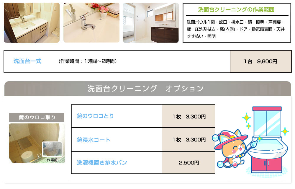 洗面台クリーニング価格表